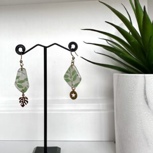Boucles d'oreilles papier Népalais floral vert et acier