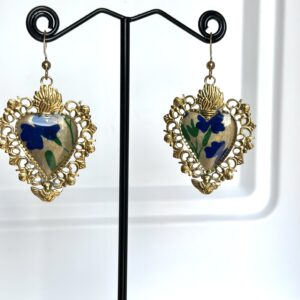 Boucles d'oreilles Baroque coeur papier fleuri bleu et vert