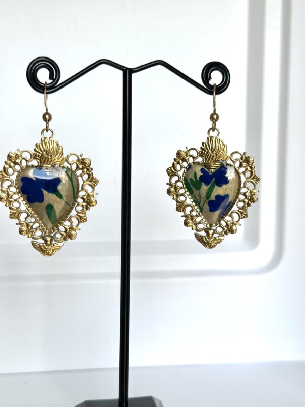 Boucles d'oreilles Baroque coeur papier fleuri bleu et vert