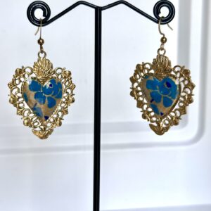 Boucles d'oreilles Baroque coeur papier fleuri bleu