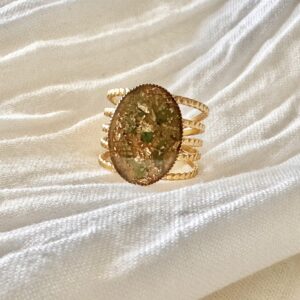 Bague ovale acier inoxydable verte et dorée