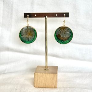 Boucles d'oreilles ronde acier  et papier Népalais Vert