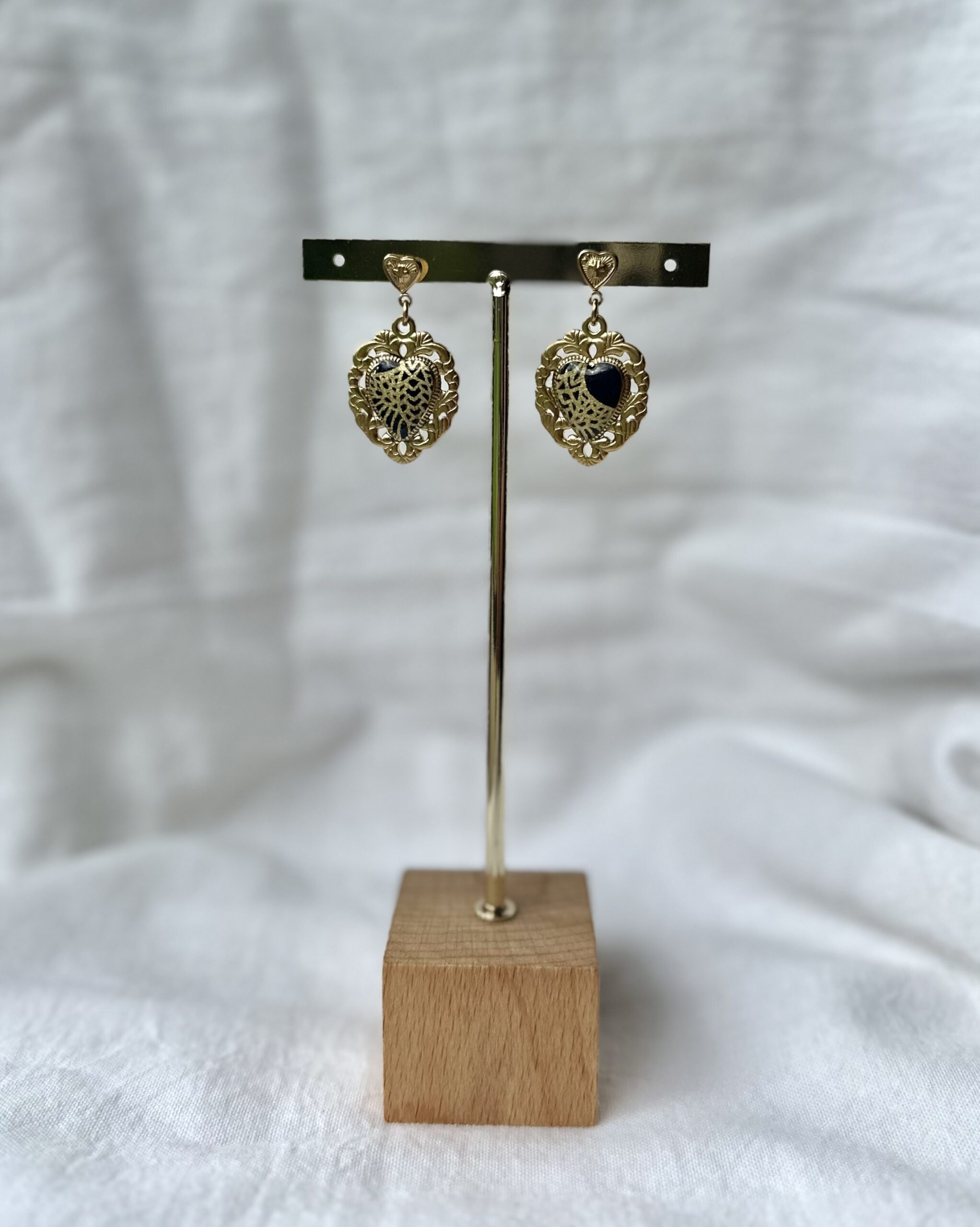 Boucles d'oreilles coeur vintage bleu et or