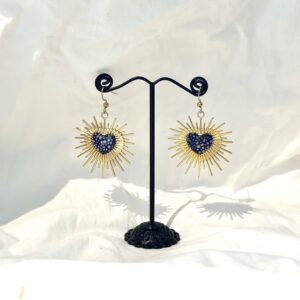 Booucles d'oreilles coeur Soleil bleues à pois dorées