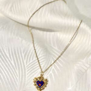 Collier maille forçat fine coeur vinatge bleu