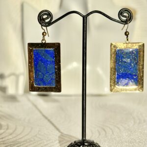 Boucles d'oreilles acier  et papier Népalais Bleu paillettes