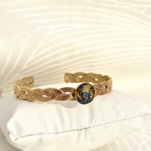 Bracelet jonc ajustable acier doré à l'or 24 K bleu et jaune