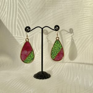 Boucles d'oreilles goutte dorées papier Népalais Fuchsia et vert