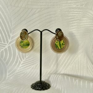 Boucles d'oreilles Rondes acier et papier Népalais vert