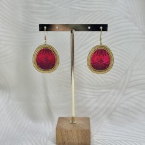 Boucles d'oreiles ovales acier et papier Népalais Rose Fuchsia