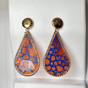 Boucles d'oreilles "Goutte perlée" papier Népalais orange et bleu et acier doré.