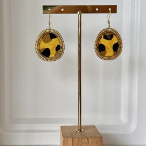 Boucles d’oreilles goutte en acier et papier népalais  léopard dorées
