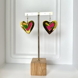 Boucles d'oreilles en acier "coeur" en papier népalais Rose résiné