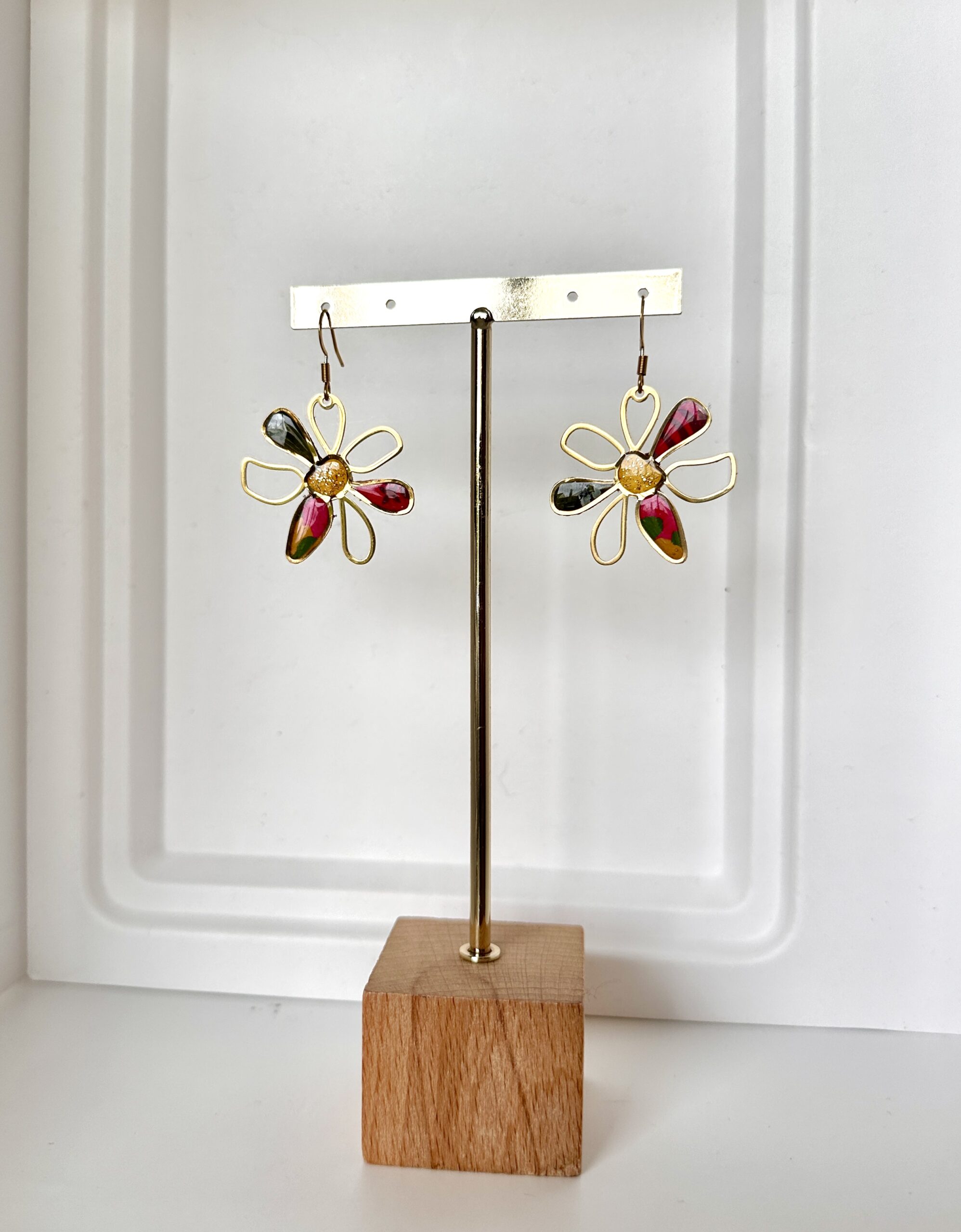 Boucles d’oreilles fleur bohème Acier inoxydable doré & Papier Népalais