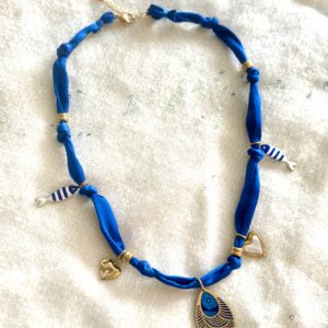 Collier tissu bleu roi pendentif goutte acier inox et papier Lokta bleu
