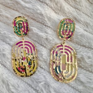 Boucles d’oreilles « Labyrinthe » acier inoxydable doré papier fleuri et résine