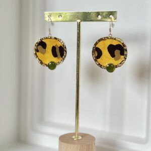 Boucles d'oreilles Léopard Acier Doré et papier népalais Résiné.