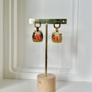 Boucles d’oreilles en papier népalais résiné orange, Blanc et Doré