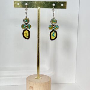 Boucles d’oreilles pendantes en papier népalais résiné Turquoise et Jaune