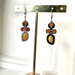 Boucles d’oreilles pendantes en papier népalais résiné Orange, Noir et  Doré