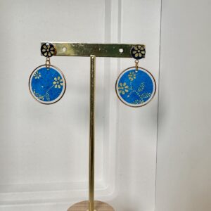 Boucles d’oreilles rondes en papier népalais résiné  Bleu Turquoise et Doré