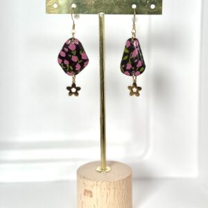 Boucles d’oreilles en papier népalais résiné Jardin rose et Noir