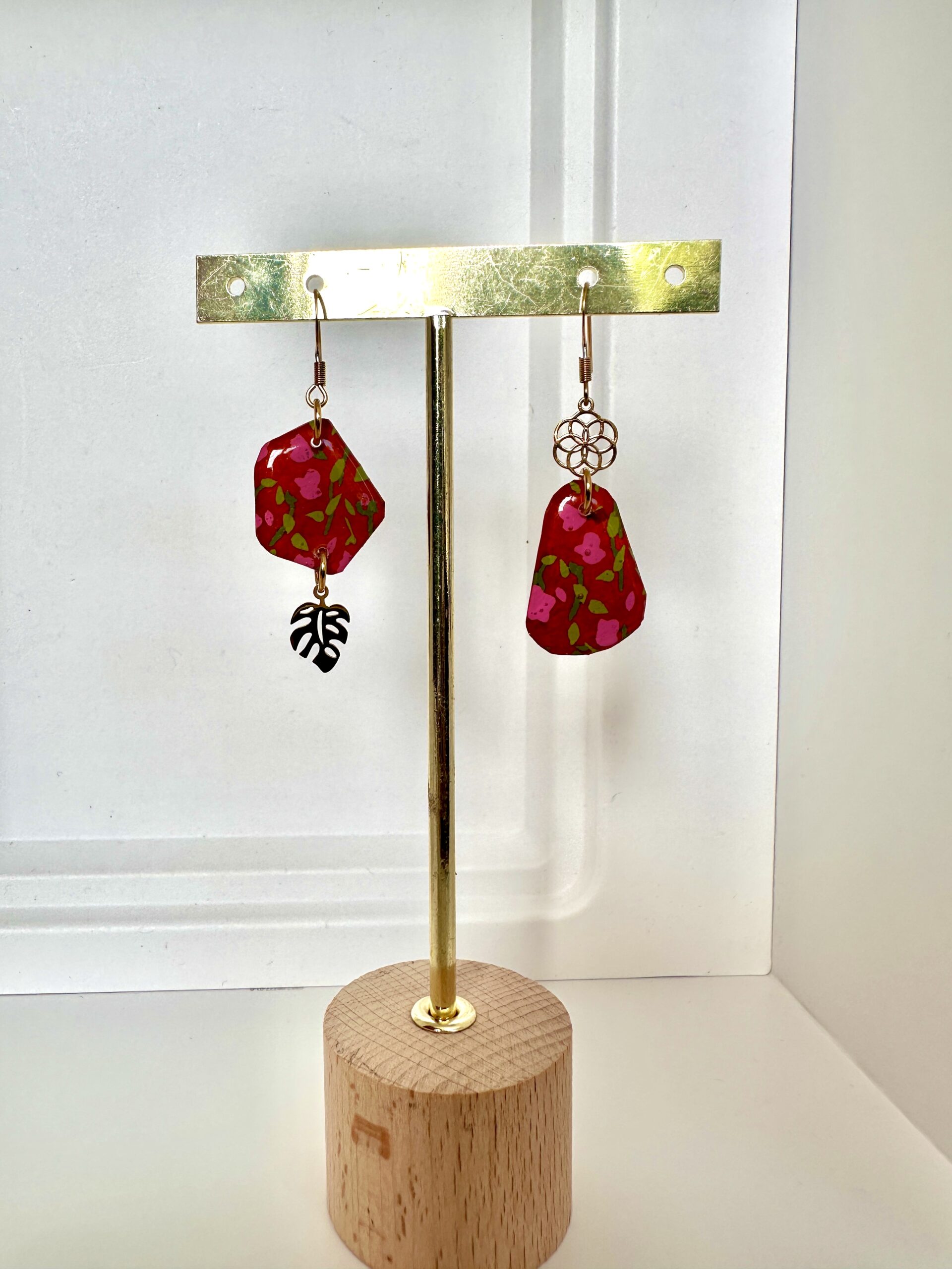 Boucles d’oreilles en papier népalais résiné Jardin corail