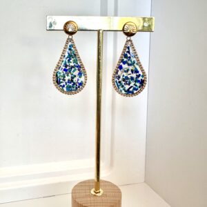 Boucles d’oreilles gouttes dorées papier népalais bleu Éclats d’Azur